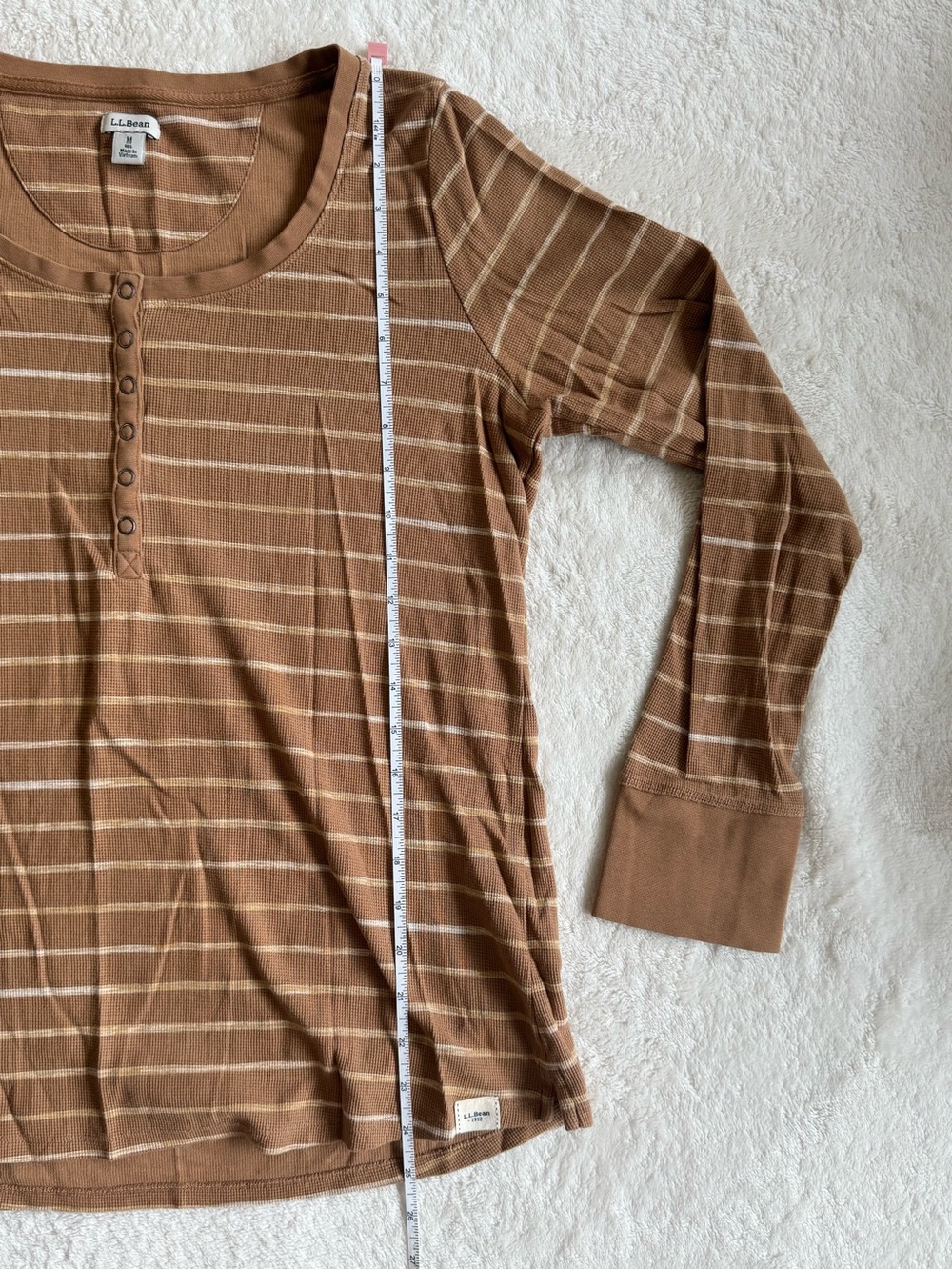 L.L.Bean Striped Waffle Knit Henley Thermal Top M Brown Cotton - Picture 4 of 7